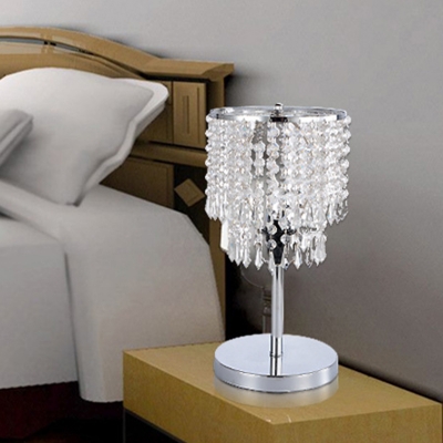 Contemporary Tiered Nightstand Lamp Beveled Crystal 1 Bulb Reading Book Light in Chrome