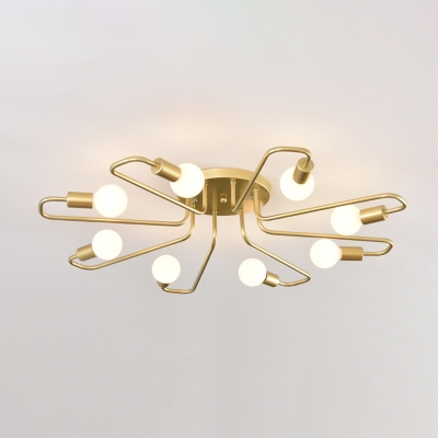 Curved Arm Flush Lighting Fixture Modern Metallic 8-Bulb Living Room Semi Flush Lamp in Gold