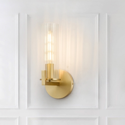 Cylindrical Wall Light Fixture Modernist Clear Glass 1 Light Brass Wall Mount Sconce