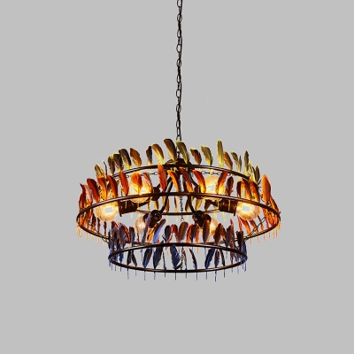 Drum Cage Living Room Ceiling Lamp Farmhouse Metal 6-Head Black Hanging Chandelier with Red and Blue Feather Deco