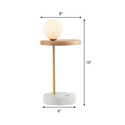 Global Table Light Contemporary White Glass 1 Head Wood Small Desk Lamp for Study