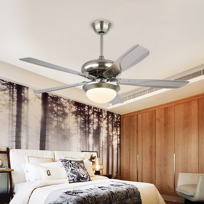 LED Semi Flushmount Contemporary 5 Blades Metallic Ceiling Fan Lighting in Silver for Bedroom, 50