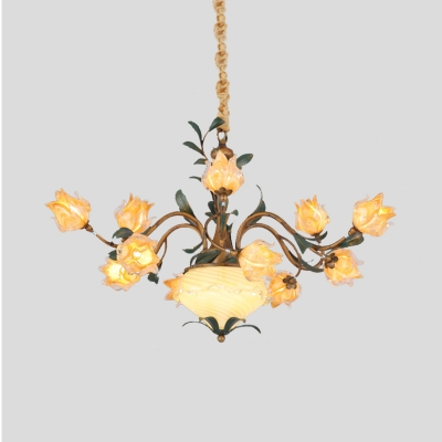 Metal Brass Pendant Chandelier Flower 15 Lights Countryside LED Down Lighting for Bedroom