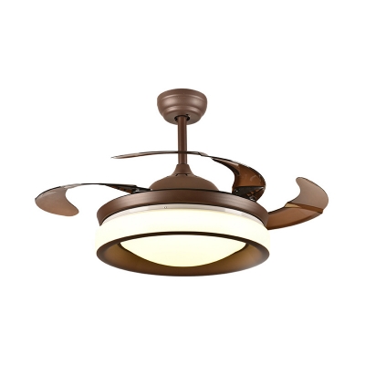 Metal Round 4-Blade Semi Flushmount Modern Living Room LED Hanging Fan Light in Coffee with Acrylic Shade, 42