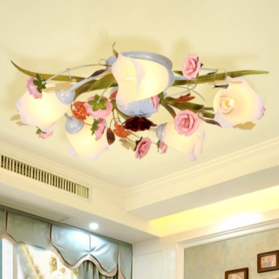 Metal White Ceiling Lamp Spiral 5/8-Light Romantic Pastoral Flower Semi Flush Mount Lighting for Living Room