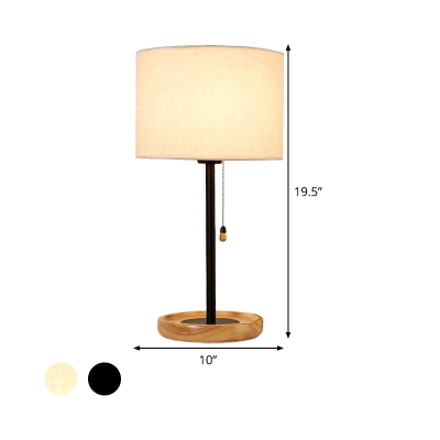 Modernist Cylinder Desk Light Fabric 1 Bulb Night Table Lamp in Flaxen/Black with Pull Chain