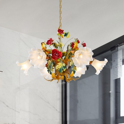Pastoral Scalloped Chandelier Pendant Light 3/6/8 Heads Metal Suspension Lighting in Yellow with Flower Decoration