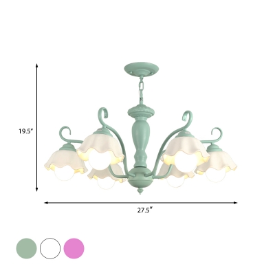 Scallop Dining Room Ceiling Chandelier Pastoral Frosted Glass 6 Heads White/Pink/Green Hanging Light Fixture