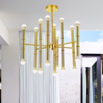 Slim Tube Living Room Pendant Metal 18 Lights Modernist Ceiling Chandelier in Gold with Radial Design