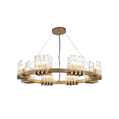 Tube Chandelier Pendant Light Modern Clear Glass 24-Bulb Living Room Suspension Lamp in Brass with Ring Design