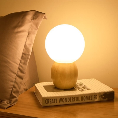 White Glass Spherical Nightstand Lamp Modernist 1 Head Reading Book Light in Wood