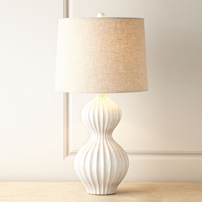 White Tapered Drum Desk Lamp Modernism 1 Bulb Fabric Task Light with Gourd Ceramic Base