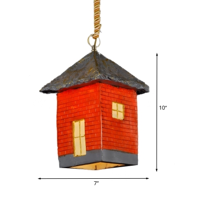 1-Bulb Hanging Lighting Industrial House Shaped Resin Ceiling Lamp Fixture in Red