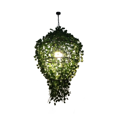 1-Bulb Metal Suspension Lighting Antique Black Geometric Restaurant LED Hanging Light Fixture with Plant Decoration