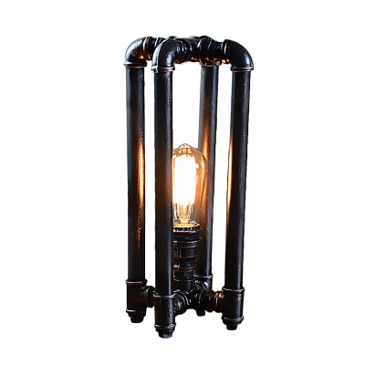 1 Bulb Rectangle Cage Desk Lamp Industrial Black Finish Metal Pipe Night Table Light