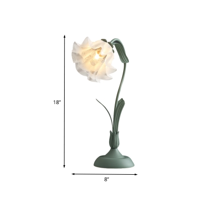 1 Bulb Scalloped Table Light Pastoral Gray and Green Metal Nightstand Lamp with White Glass Shade