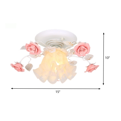 1 Head Ceiling Mounted Light Traditional Foyer Semi Mount Lighting with Floral Metal in White