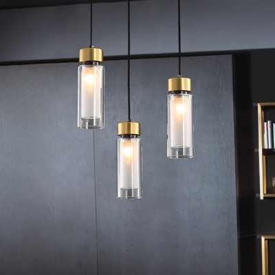 1 Head Coffee House Pendant Modern Brass Hanging Light Kit with Cylinder Clear and Inner White Glass Shade