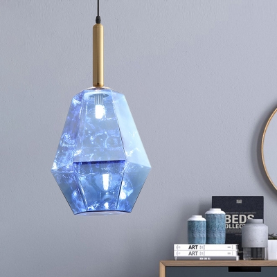 1-Head Dining Room LED Pendant Modernism Brass Hanging Light Fixture with Diamond Blue Glass Shade