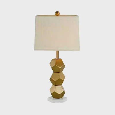 1 Head Trapezoid Desk Lamp Modern Fabric Table Light in Beige with Pentagon Gold Metal Base