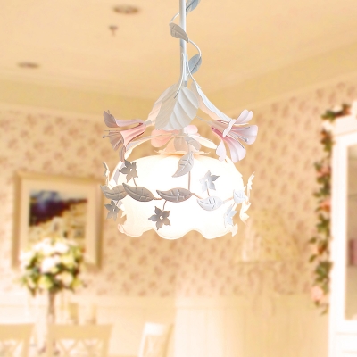 1 Light Flower Pendant Lamp Pastoral White Metal Hanging Light Fixture for Living Room