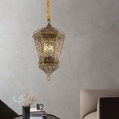1 Light Lantern Hanging Lamp Arabic Brass Metal Pendant Ceiling Light for Restaurant
