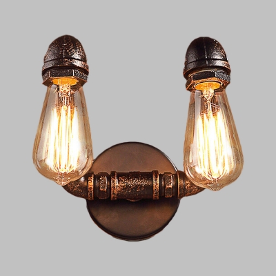 2 Lights Pipe Wall Mounted Light Vintage Rust Finish Metallic Sconce Lamp with Round Backplate