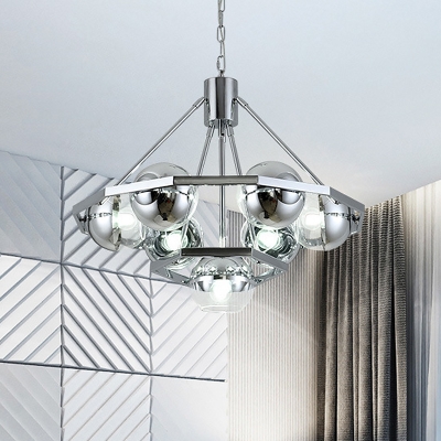 2-Tier Spherical Clear Glass Suspension Light Minimalist 7-Head Silver Chandelier Lamp Fixture