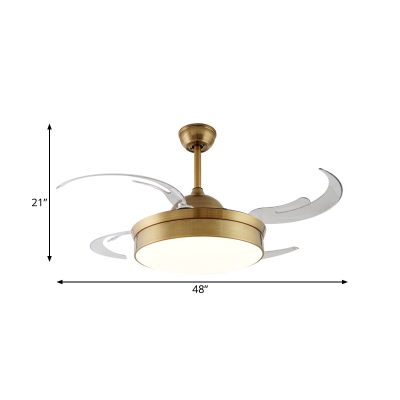 4 Blades Modern Drum Semi Flushmount LED Acrylic Hanging Fan Light in Brass for Living Room, 48