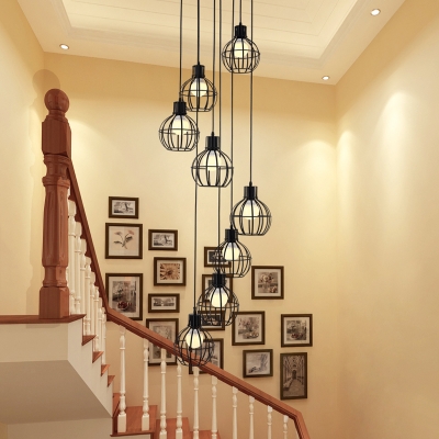 8 Lights Stair Multi Light Pendant Contemporary Black Suspended Lighting Fixture with Geometric Metal Shade