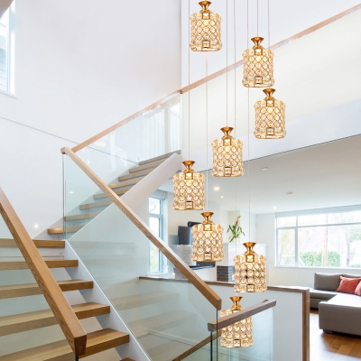 8 Bulbs Stair Cluster Pendant Contemporary Gold Ceiling Light with Circular Faceted Crystal Shade
