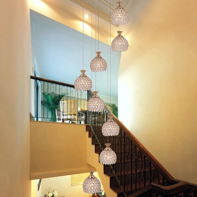 8 Bulbs Stair Cluster Pendant Modern White Hanging Light Fixture with Dome Clear Crystal Shade