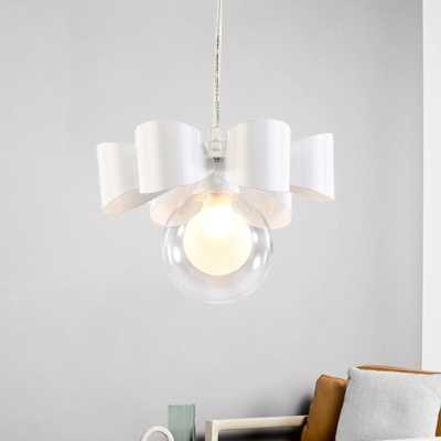 Ball Suspended Pendant Light Modern Clear Glass 1-Light White Hanging Lamp with Bow Design
