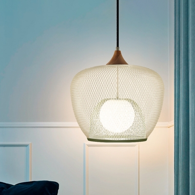 Basket Iron Mesh Down Lighting Simple 1 Head Blue/White Ceiling Pendant Lamp with Woven Design