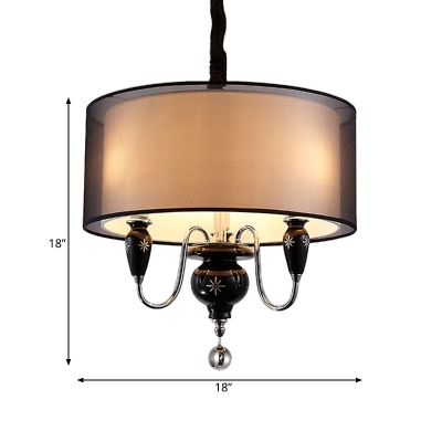 Bedroom Restaurant Round Chandelier Fabric 3 Lights Traditional Style Black Pendant Lamp