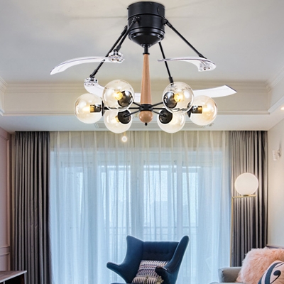 Black 6-Bulb Ceiling Fan Lighting Vintage Clear Glass Ball 4-Blade Semi Flush Lamp for Living Room, 48