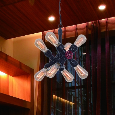 Black Crossing Pipe Ceiling Chandelier Antiqued Metallic 8-Light Living Room Pendant Lamp