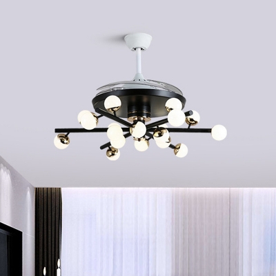 Black/White 18-Bulb Fan Light Modernism Frosted Glass Globe LED Semi Flush Mount Lighting with 4 Clear Blades, 42