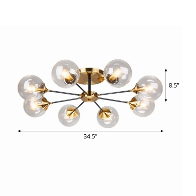 Brass Globe Flush Lighting Simple 8-Bulb Clear Glass Semi Flushmount with Radial Design