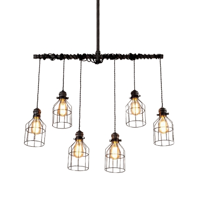 Caged Restaurant Island Lighting Vintage Metal 6/10 Lights Aged Silver Hanging Lamp Kit with 2-Pipe Rod