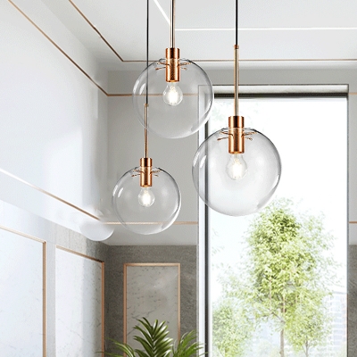 Clear Glass Round Multi Light Pendant Simple 3 Lights Hanging Ceiling Lamp in Rose Gold