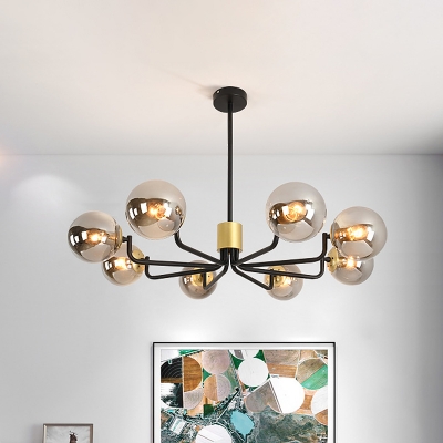 Contemporary 8 Lights Pendant with Grey Glass Shade Brass Globe Chandelier Lamp for Living Room