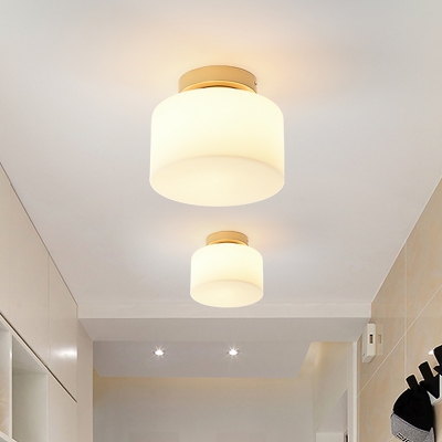 Drum Flushmount Lighting Modern White Glass 1 Light Hallway Ceiling Flush Mount in Brass
