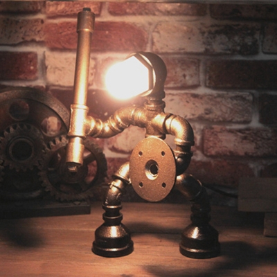Grey 1 Head Table Lighting Vintage Metallic Water Pipe Nightstand Lamp with Robot Design
