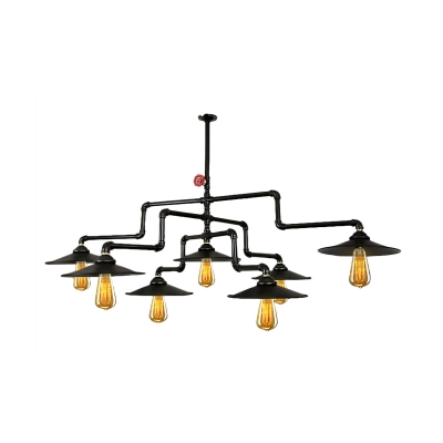 Iron Black Ceiling Light Fixture 3-Tier Pipe 7 Lights Rustic Island Lamp with Cone Shade