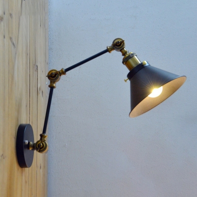 Iron Cone Sconce Lighting Farmhouse 1-Light Balcony Swing Arm Wall Mount Lamp in Black and Brass