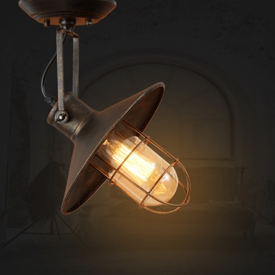 Iron Flared Semi Flush Lighting Antiqued 1 Head Living Room Adjustable Close to Ceiling Lamp in Rust