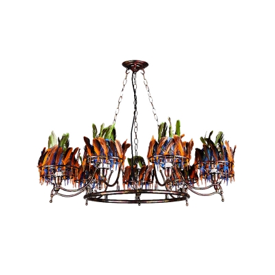 Iron Rust Hanging Chandelier Ring 9 Bulbs Art Deco Pendant Ceiling Light with Red-Blue-Green Feather Deco