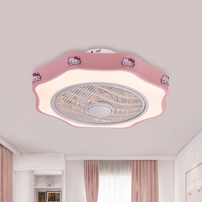 LED Floral Ceiling Fan Lighting Kids White/Blue/Pink Finish Acrylic Semi Flush Mount Lamp for Bedroom, 19.5