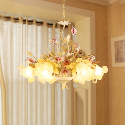Metal Blossom Pendant Chandelier Countryside 3/6 Heads Living Room Ceiling Lamp in White